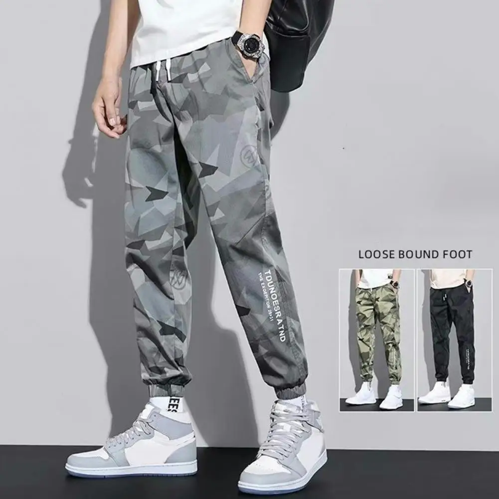 

2024 Fashion Men Pants Mid-rise Elastic Waistband Drawstring Pockets Men Pants Camouflage Print Sweatpants Cargo Pants Trousers