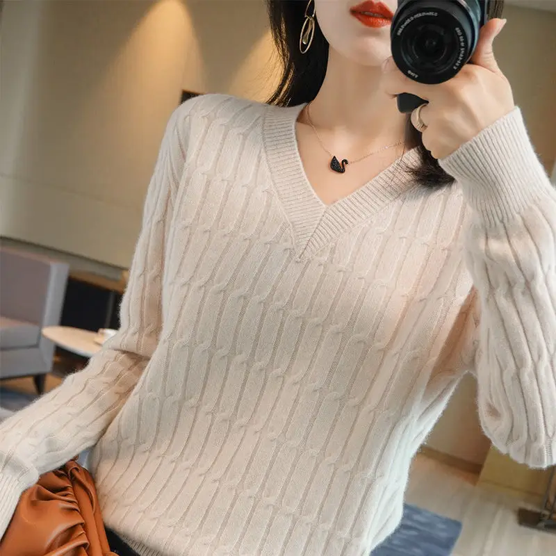 Tops de punto de Color liso para mujer, suéteres de manga larga que combinan con todo, cuello en V, moda de otoño e invierno, 2023