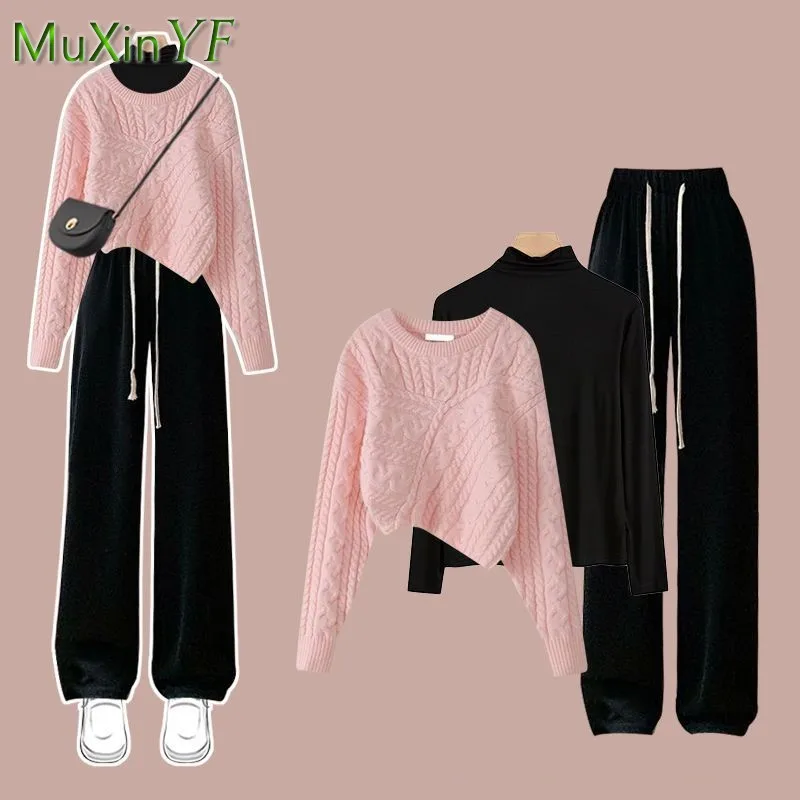 Women\'s Autumn Winter Suit 2023 New Fashion Knitted Sweater Undershirt Casual Pants 3 Piece Korean Elegant Trousers Matching Set