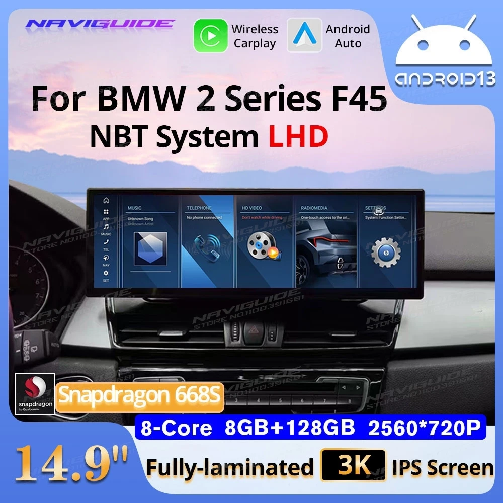 NAVIGUIDE 14.9'' Android 13 Wireless Carplay Auto Car Multimedia Player For BMW 2 Series F45 LHD NBT System GPS Navigation BT HU