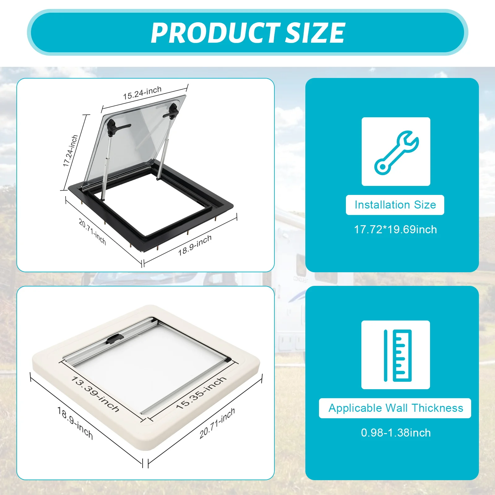 Caravan Side Window, 450x500MM Caravan Extrapolated Ventilation Window, 70° Angle Adjustable for Wall Thickness 25-35mm