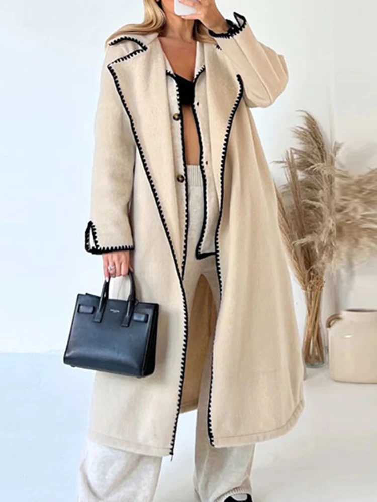 

Woolen Long Jacket Women Elegant Fashion Lapel Overcoats Autumn Winter Warm Vintage Wool Coat Lady Casual Loose High Street Coat