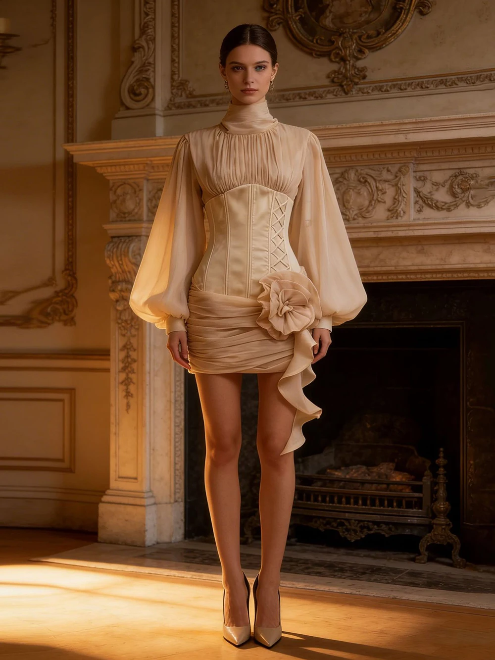 Sweet Cool Spicy Girl Style Short Skirt 2026 New Half High Collar Lantern Sleeve Waist Strap 3D Large Flower Dress for Women