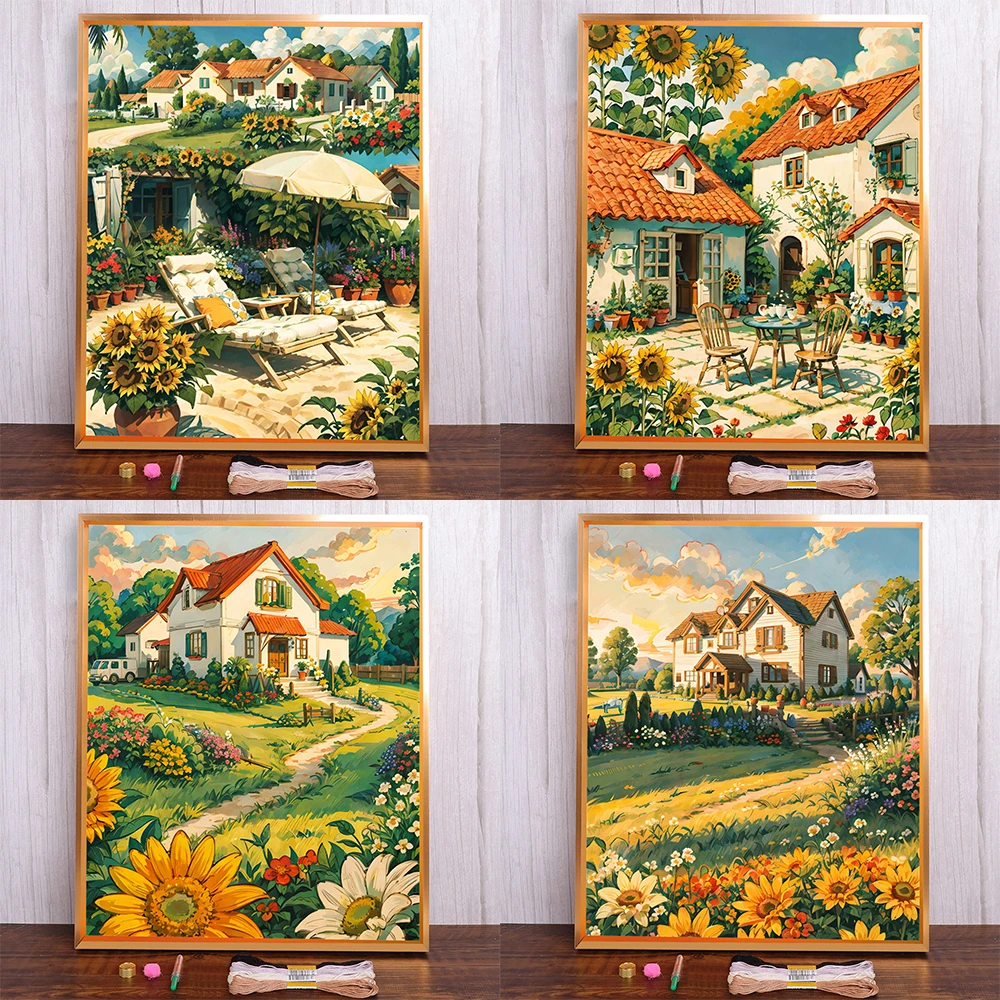 Country Life Landscape Printed Fabric Cross Stitch Set DIY Embroidery Craft Knitting Needlework Painting Counted Package Gift