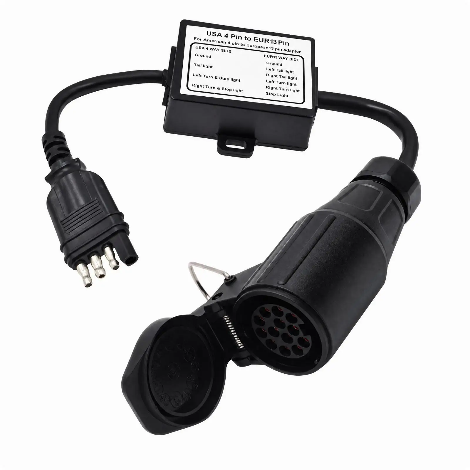 Heavy Duty 4 to 13 Pin Trailer Adapter for Auto Towing with Ribbed Grip Housing and Mounting Bracket