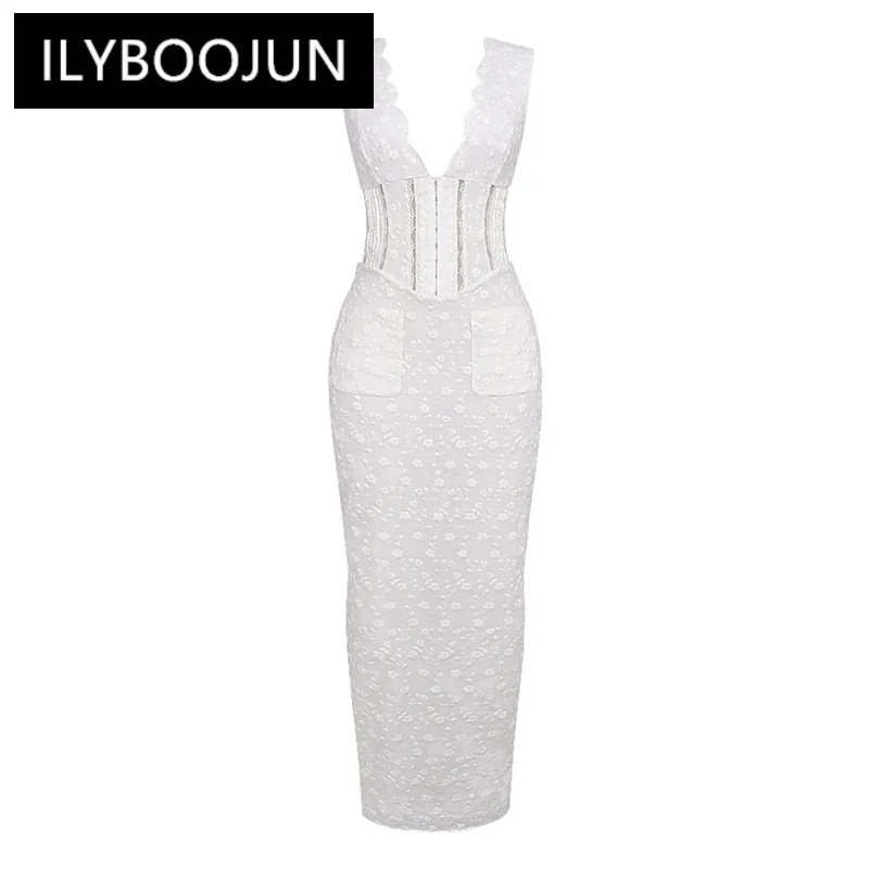 

ILYBOOJUN Solid Spliced Lace Slimming Dresses For Woemn Deep V Neck Sleeveless High Waist Temperament Dress Female Fashion