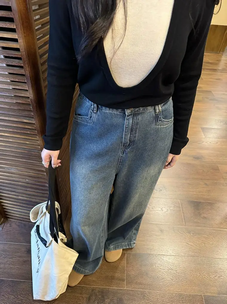 

NINI ONE High Waist Straight Leg Jeans Slimming Wide Leg Pants Conceal Meat Comfortable to Wear plus Size Blue Denim