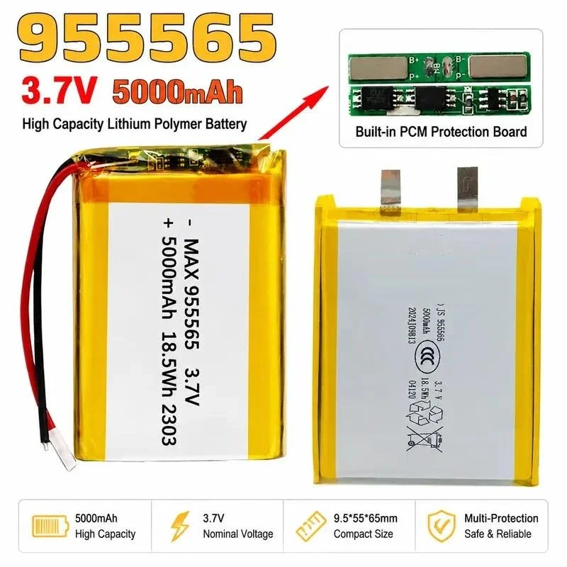 [New] 1-20pcs 3.7V 5000mAh 955565 955465 Li-Polymer Battery Cell for Power Bank Bluetooth Speaker DVD GPS 9x55x65mm DIY Weld