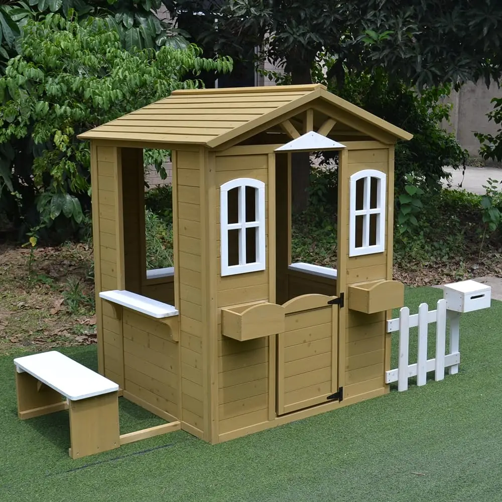 

Cedar Wooden Playhouse Kids Outdoor Play Room Working Door Window Mailbox Bench, Custom
