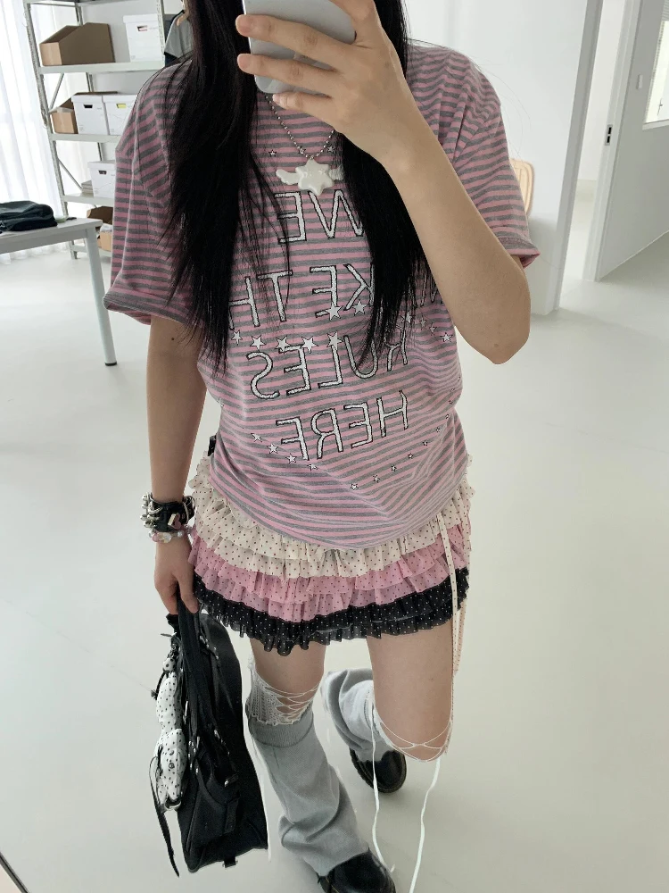 Coréen Sle rétro rayé lettre impression ronde Ne ort Sve T-shirt femmes été léger coton coupe ample pur coton...