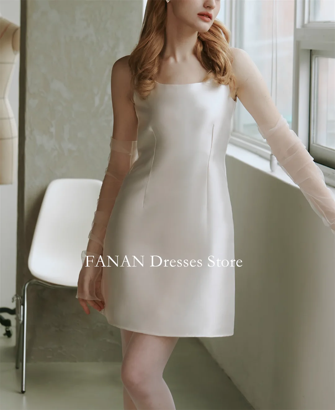فساتين زفاف FANAN Korea برقبة على شكل حرف U بسيطة عاجية فساتين زفاف مكشكشة مخصصة من الحرير والساتان فساتين عروس صغيرة بسحاب مقاس كبير #5