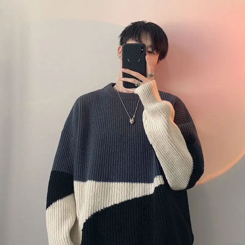 Stylish O-Neck Knitted Spliced All-match Korean Color Sweater Men\'s Clothing 2022 Autumn New Casual Pullovers Loose Warm Tops