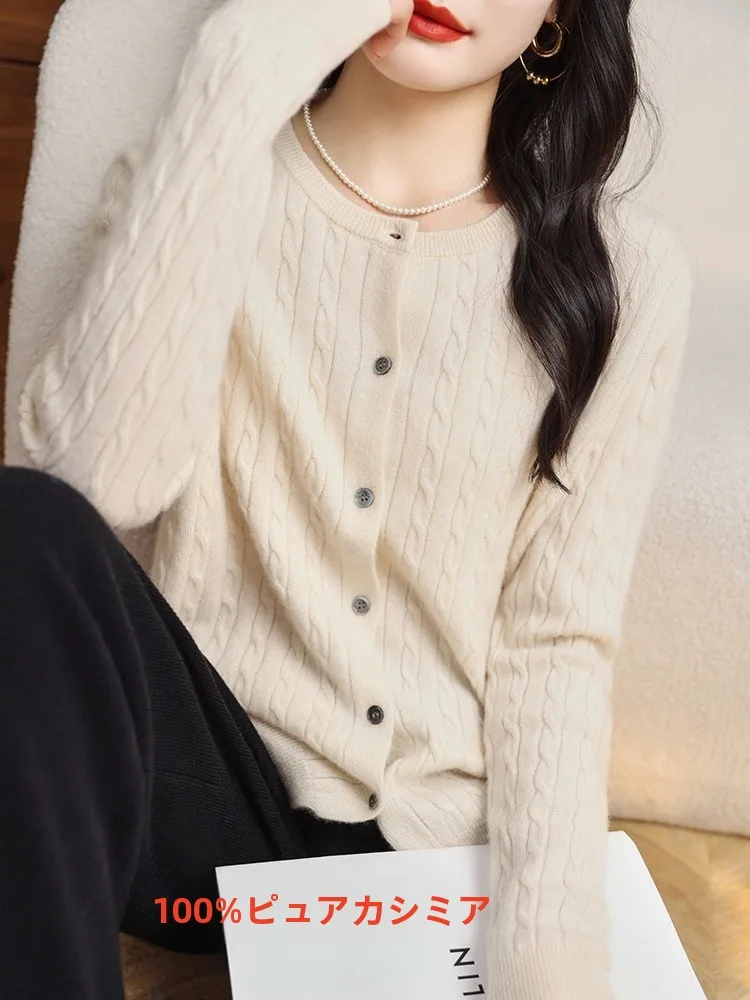 Spring New Style Loose Women's Knitted Wool Coat 100 Cashmere round Neck Twist Wool Knitwear Comfortable Commute Style Long S...