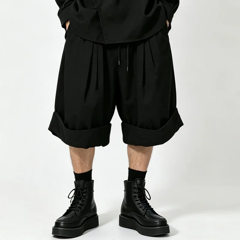 Men'S Casual Pants, Dark Style, Faux Two-Piece Design, Pleated Shorts, Loose-Fitting Wide-Leg Pants With Drawstring, Suitable Fo