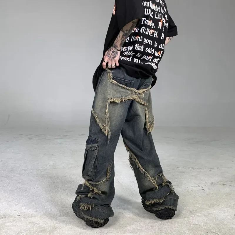 

Vintage streetwear baggy jeans Raw edge pentagram appliqué American high street large pockets cargo pants men old washed pants