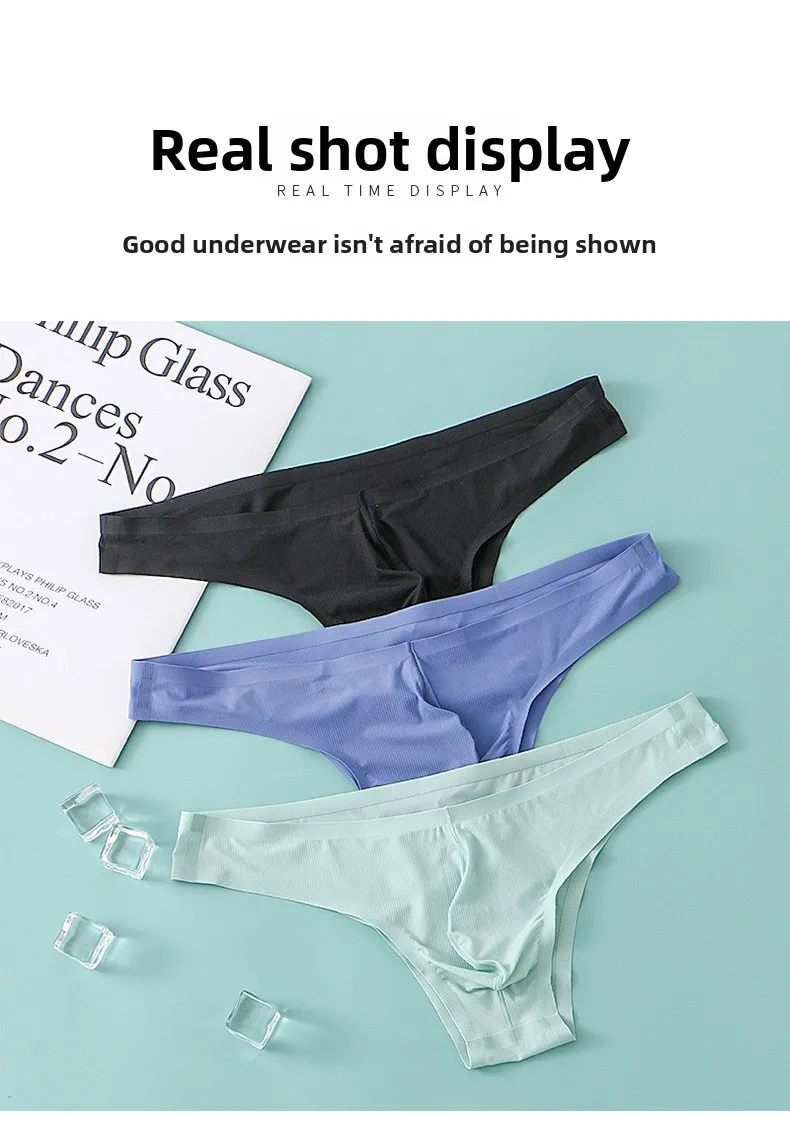 Calzoncillos de hombre de cintura baja, sexy, de seda helada, sin costuras, ligeros y transpirables para verano, con diseño de triángulo pequeño.