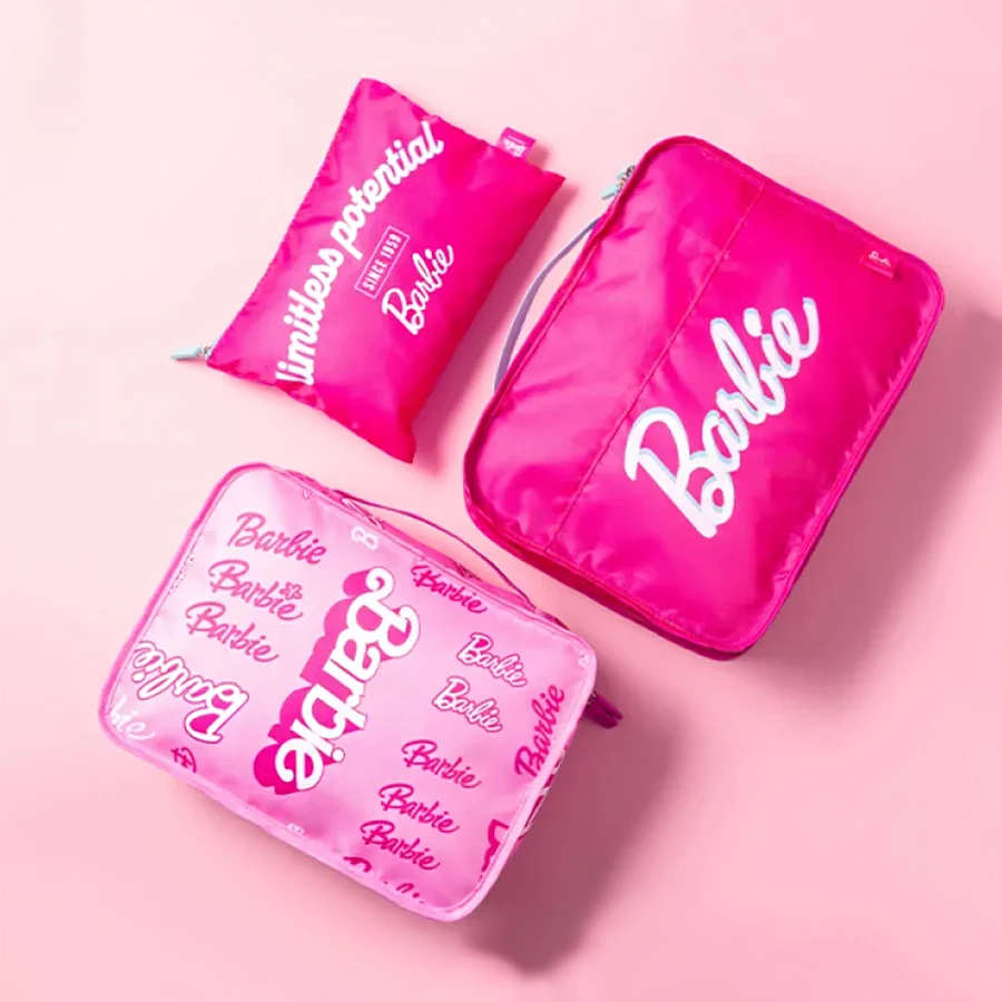 MINISO Barbie Travel Organizer Set Three Piece Packing Bag Cosmetic Pouch Luggage Storage Case Portable Vacation Accessory Gift