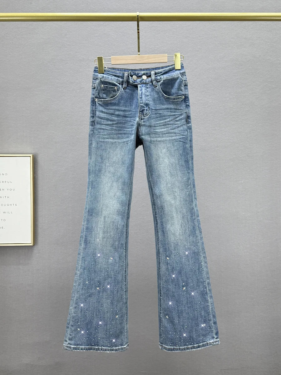 

Spring New Women's High Waist Slim Fit Jeans Heavy Embelliment Micro Flared Pants Elastic Cotton Denim High Waist Jeans