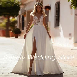 Boho Brautkleider Strand Brautkleid Robe Mariee Maßgeschneiderte Flügelärmel V-Ausschnitt Durchsichtige Spitzenapplikation Chiffon A-Linie Braut