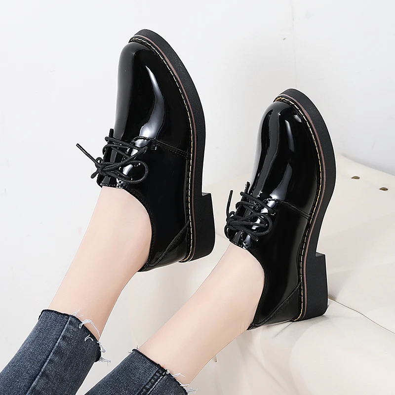 New round head women\'s shoes lace-up small leather shoes black British style single shoes low heels casual flat business