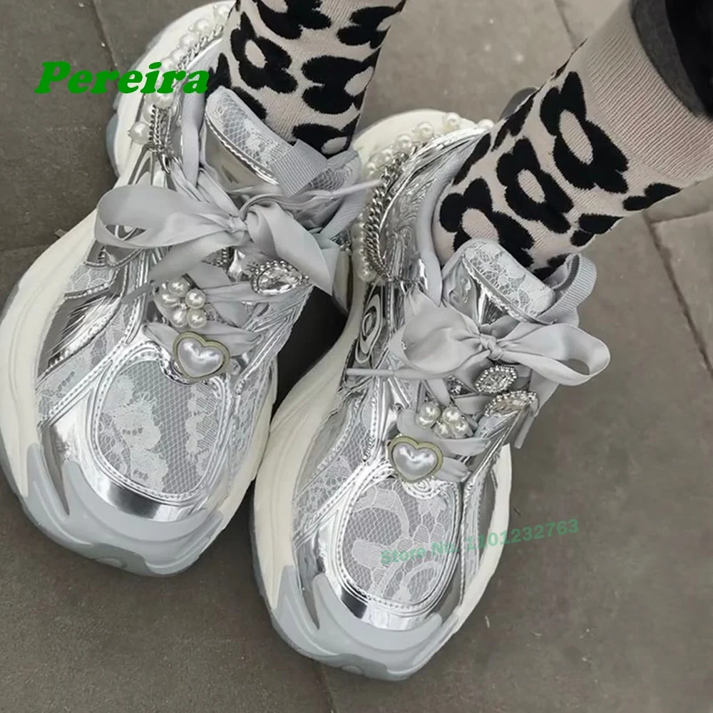 Lace Thick Soled Sneakers Dad's Shoes Newest Mesh Casual Shoes Round Toe Pearl Patchwork Shallow Women's Boots Silver Breathable