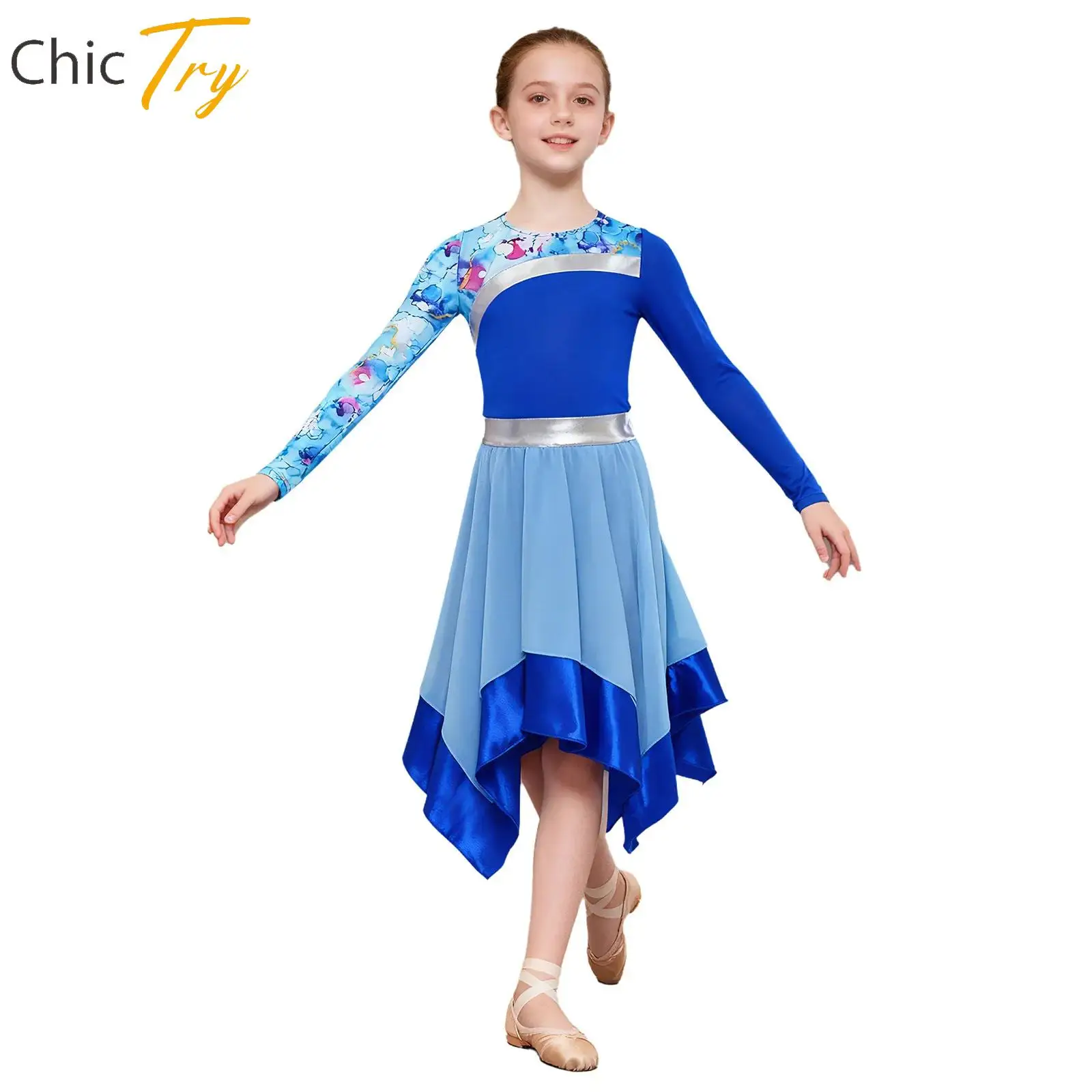 女の子の賛美歌リリカルモダンダンスドレス長袖イレギュラーヘムドレス礼拝典礼ダンスステージショーパフォーマンスコスチューム