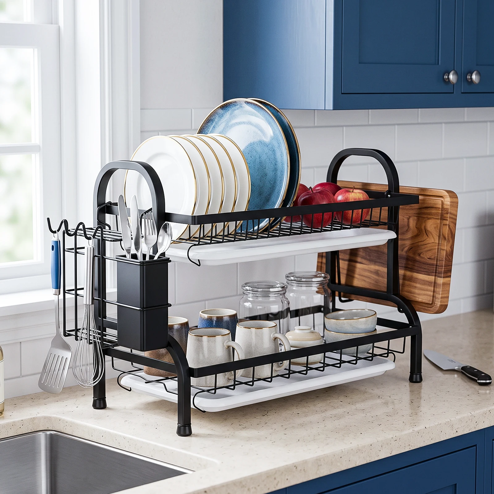 Scaffale a doppio strato per la conservazione, scolapiatti da cucina, scaffale per stendere i piatti, scaffale per riporre gli utensili da cucina, sistema di drenaggio efficiente, versatile