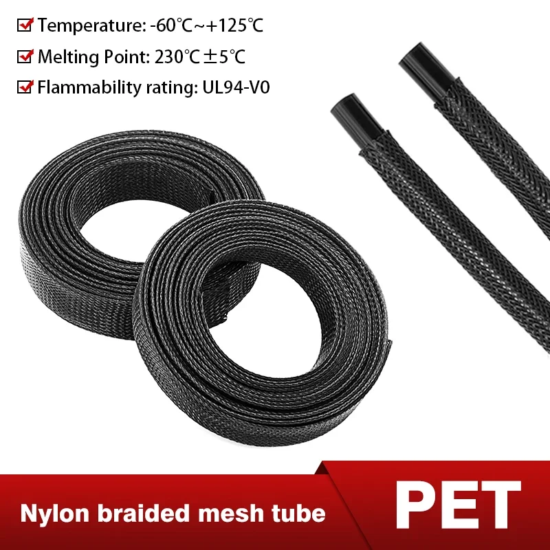 5/10 Meter Black ID 2mm~100mm Wear Resistance Wire Insulated Sheath Cable Sleeve PET Expandable Braided Cable Sleeving