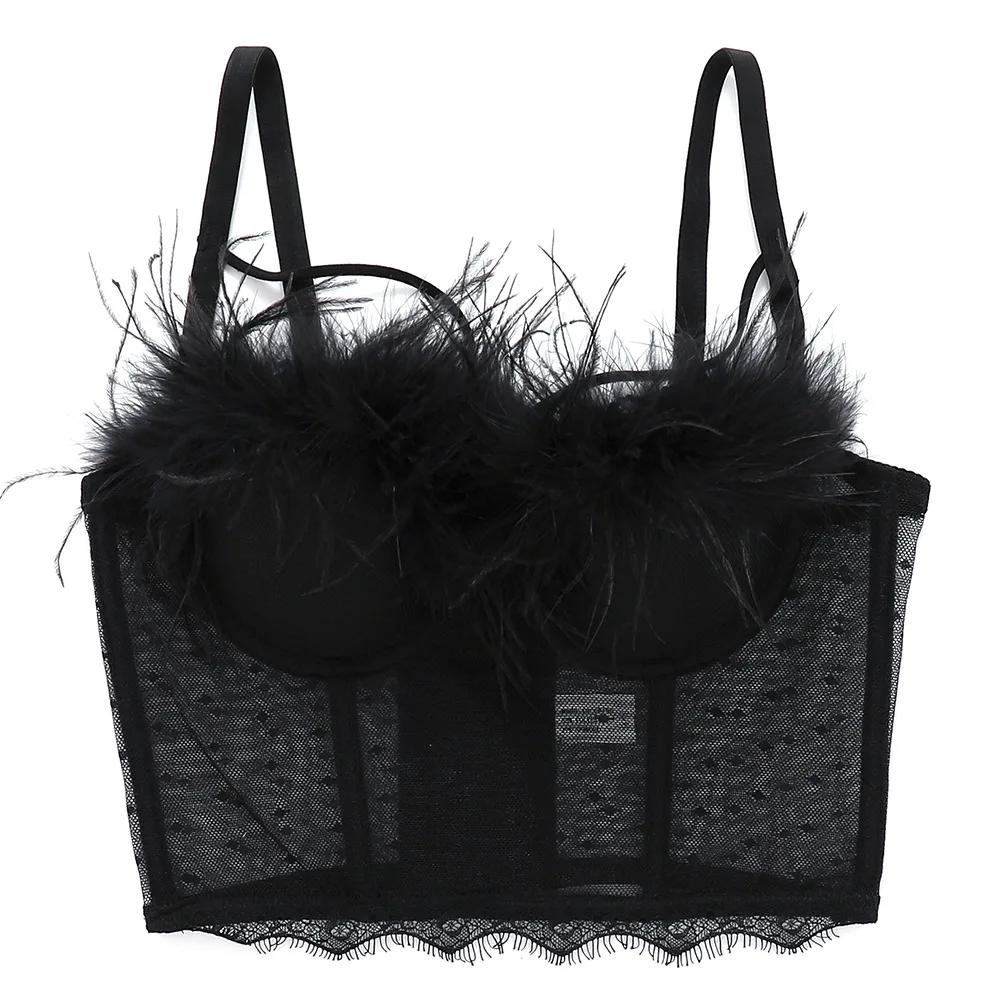 

Sexy Feather Strap Bralette Lace Mesh Bustier Top Women's Fashion Stage Push Up See Through Bra One-pieces Women Underwear