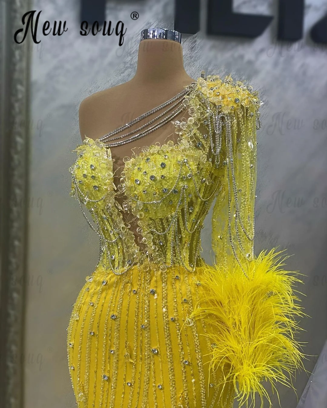 Elegante vestido De noche amarillo limón para mujer, manga única, vestido De cóctel De plumas, vestido De Fiesta árabe con cadena para Cena