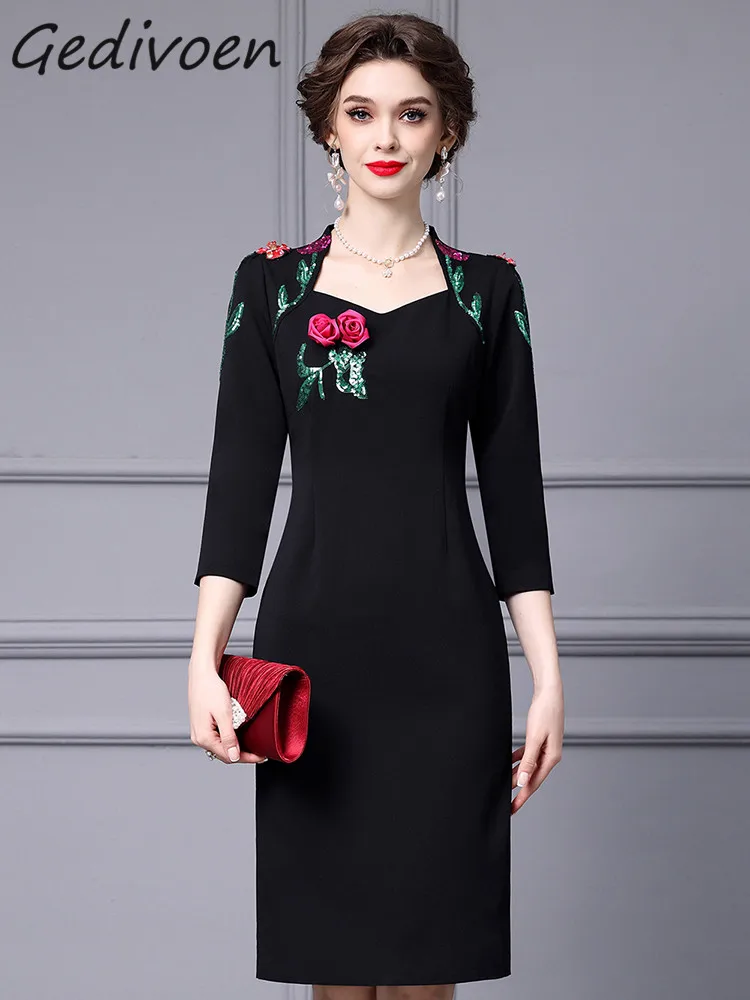 

Gedivoen Autumn Fashion Runway Black Vintage Party Dress Women Square Collar Appliques Sequins Package Buttocks Slim Long Dress