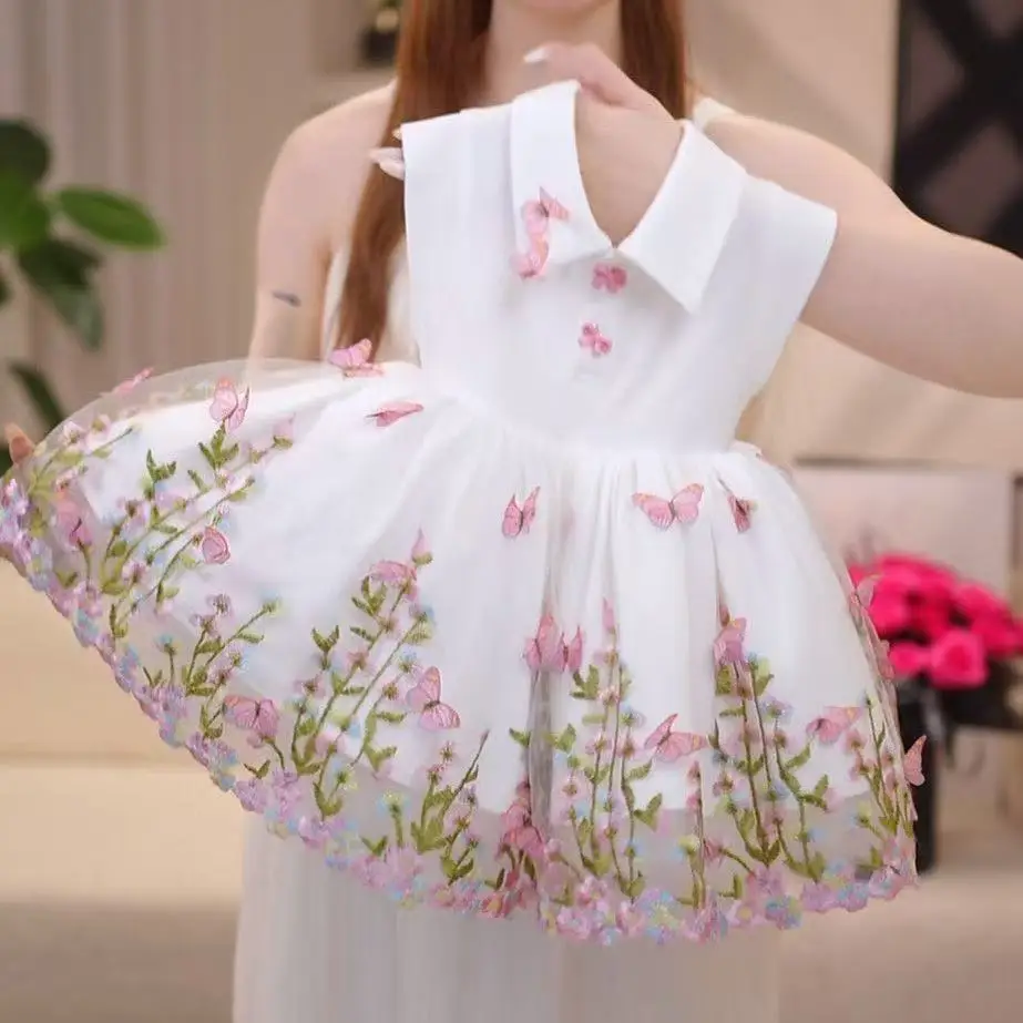 Mädchen Sommerkleid Kinder Polokragen Ärmellos Exquisite Blumenstickerei Süßes Prinzessinnenkleid