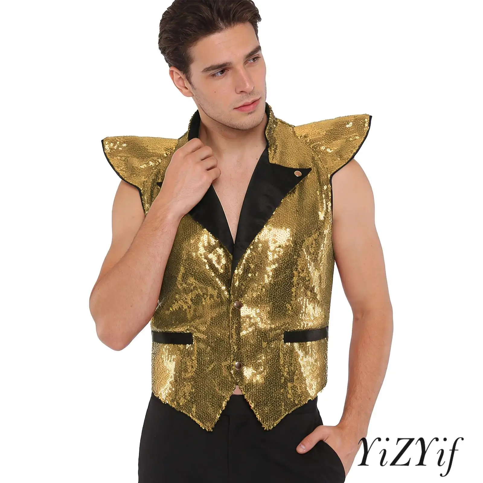 

Mens Jazz Dance Vest Top Waistcoat Allover Sequin Fly Sleeves V Neck Sleeveless Fully Lined Tank Top for Stage Party Dancewear