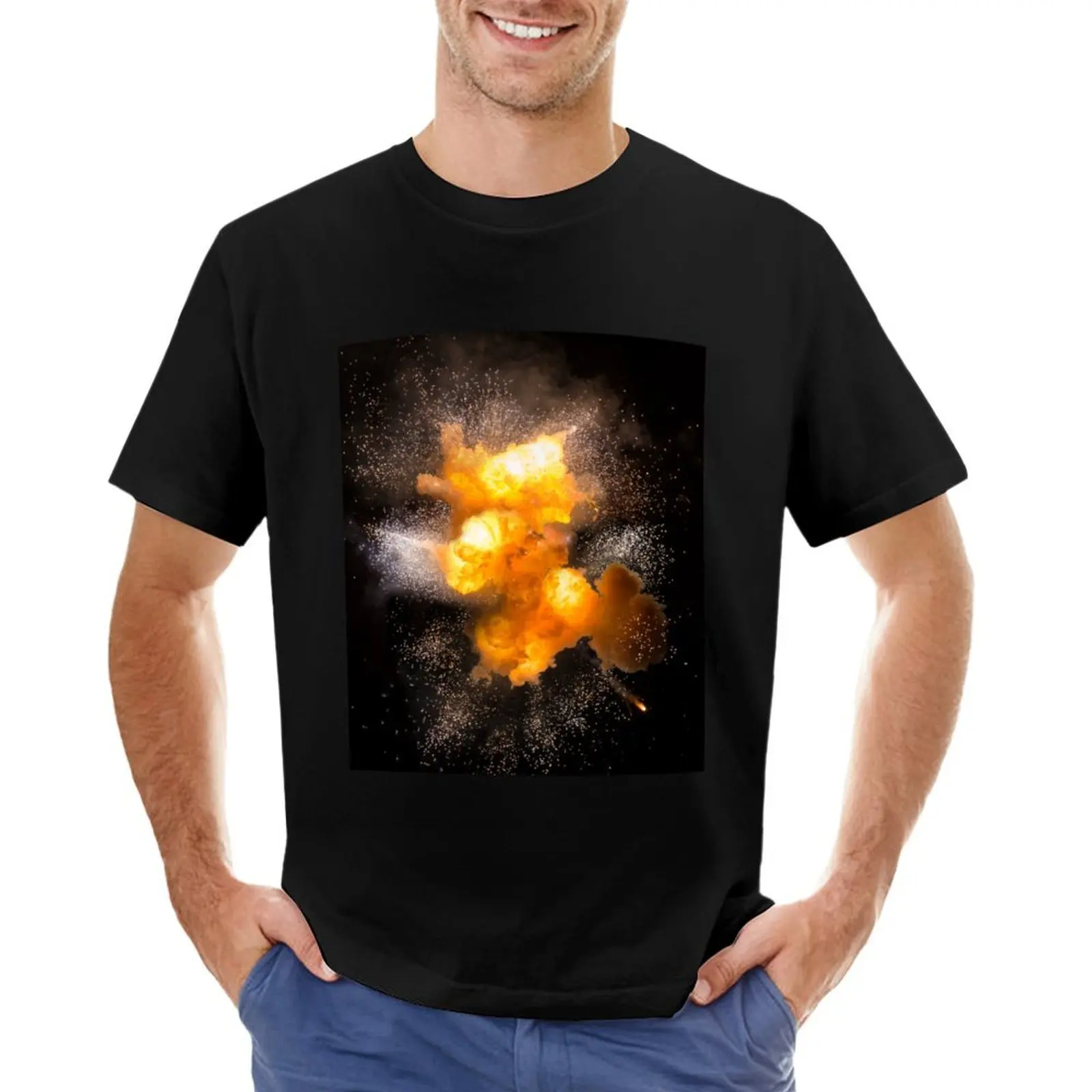 Realistic fiery explosion with sparks over a black background, high resolution image T-Shirt kawaii clothes men graphic t shirts