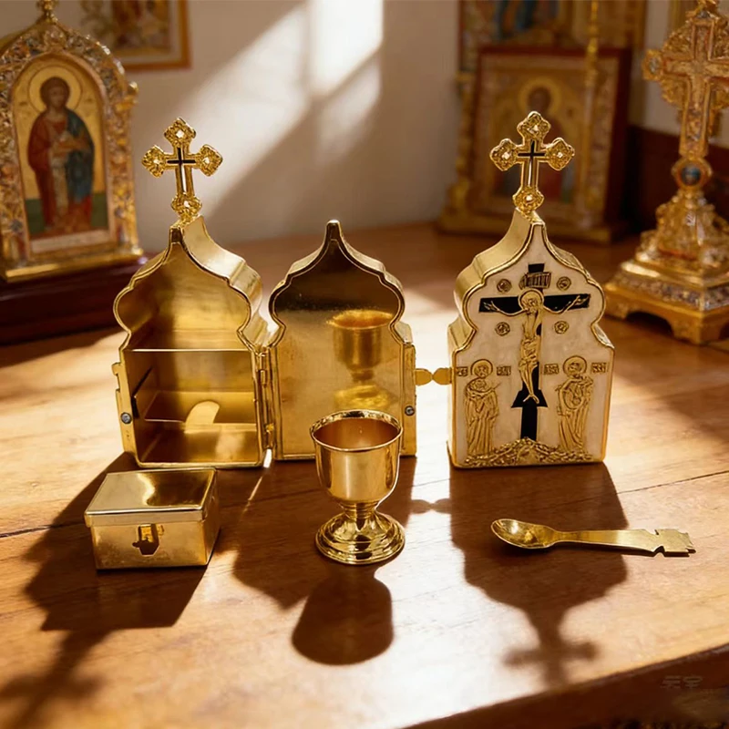 

Luxury Gold Plated Orthodox Portable Communion Set with Red Enamel Crucifix Icons for Church Liturgy Home Altar Devotion Gift