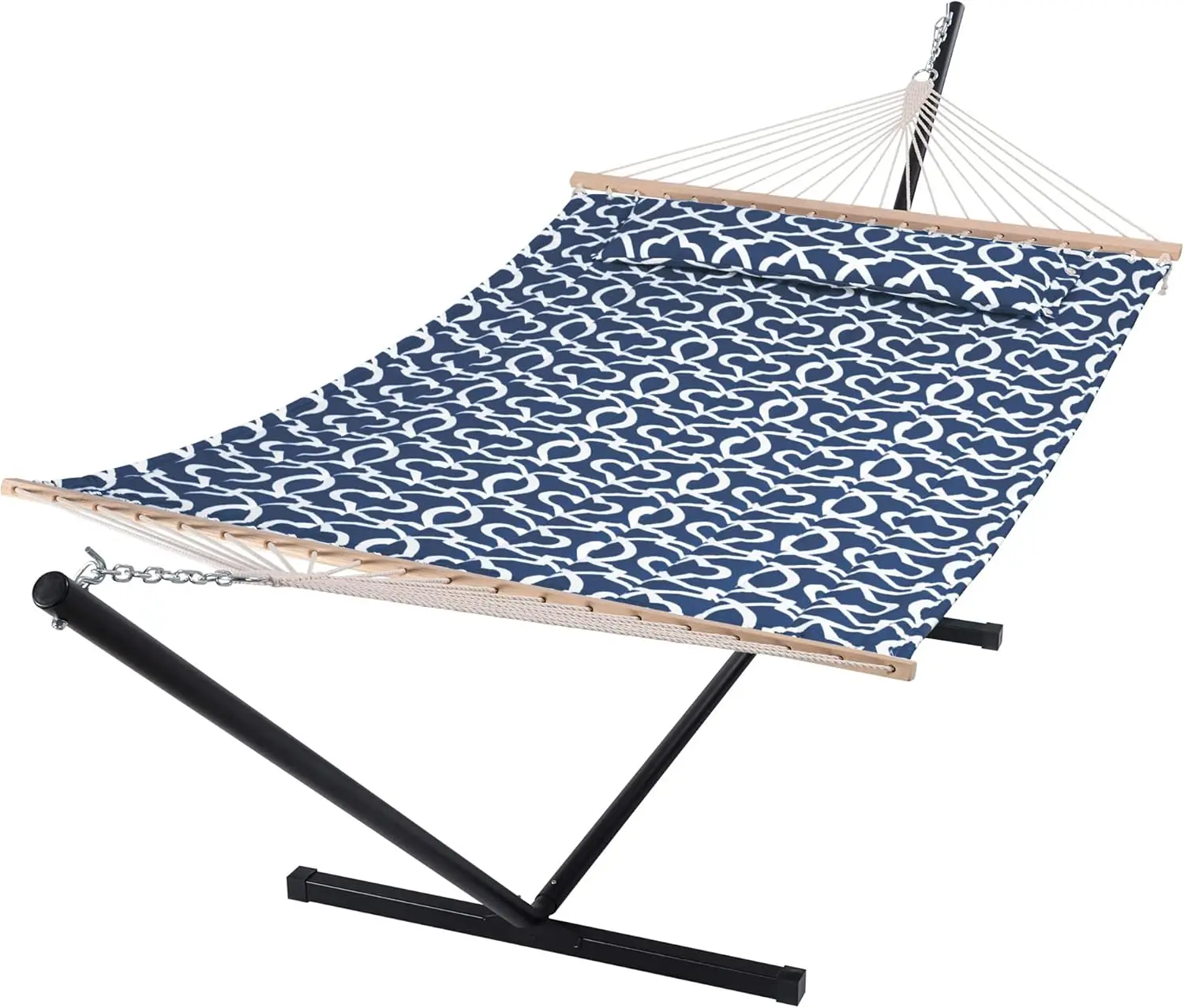 Two Person Hammock with Stand 475 lbs Capacity Portable Patio Hammock with Hardwood Spreader Bar Large Soft Pillow Blue Pattern