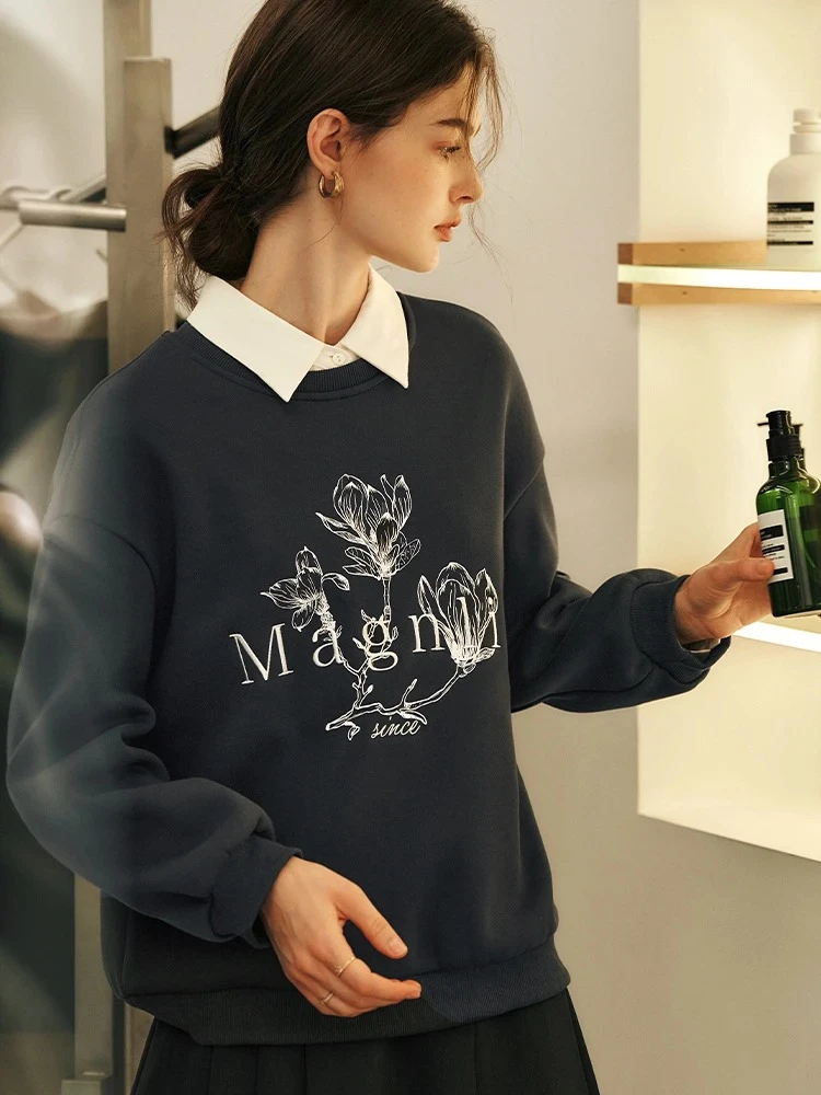

OLrain Sweatshirts Women Polyester Cotton 2025 Autumn Trend Print Round Neck Loose Design Office Lady Pullovers Tops M57CR95389