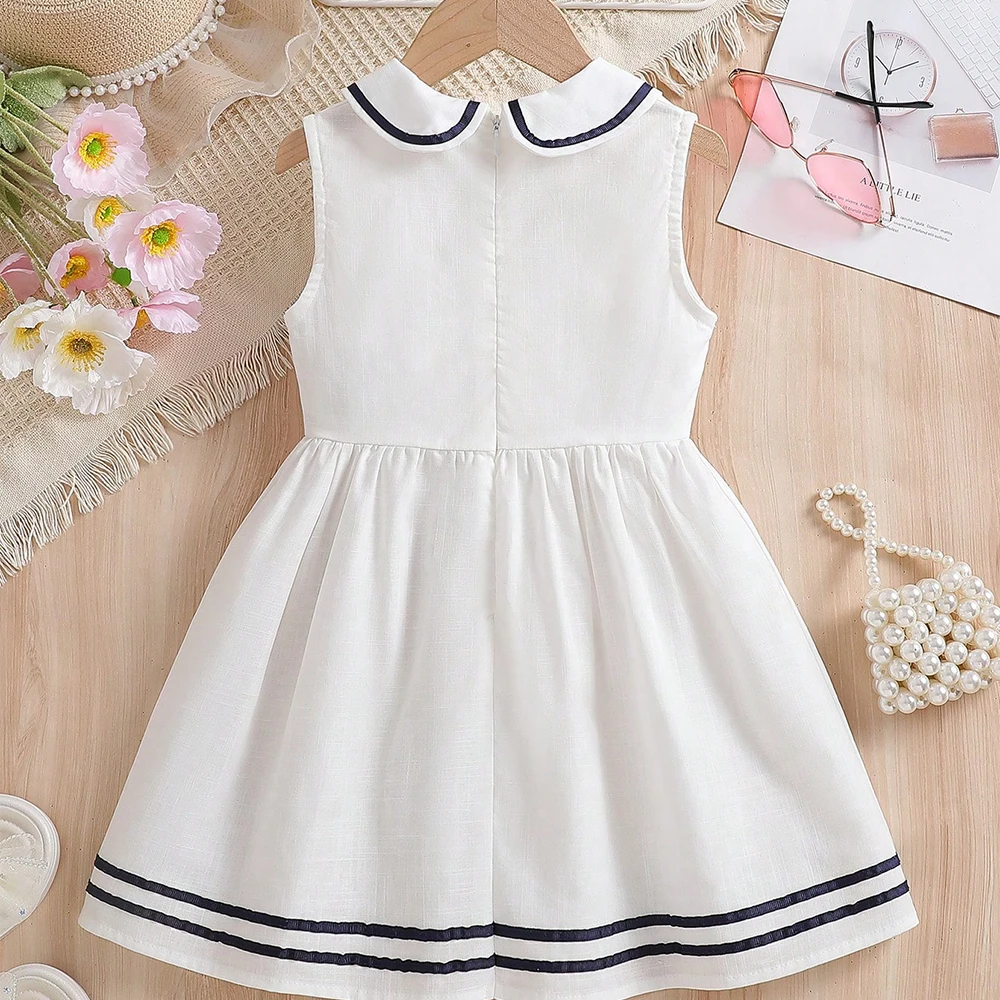 Mädchenkleid 2-6 Jahre Ärmellos im Preppy-Stil 100% Baumwolle Weiß Schuluniform-Stil Kinder Sommer-Outfits – Detail 4