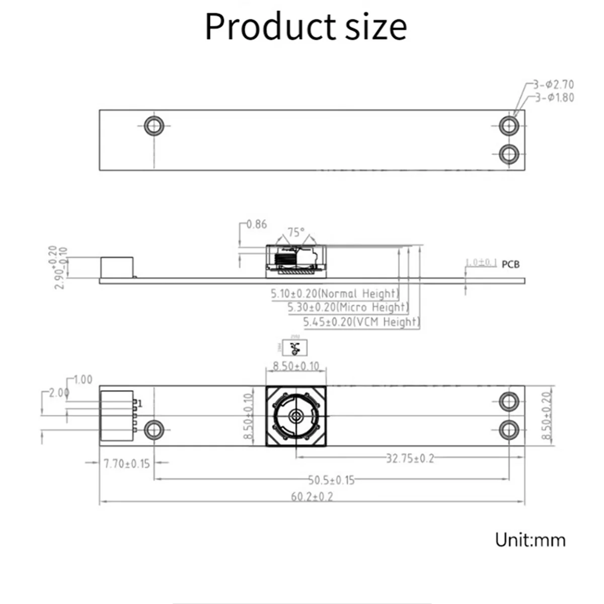 Módulo de cámara de 5mp Cámara Usb2.0 Ov5693 Módulo de cabezal de cámara de 75 grados