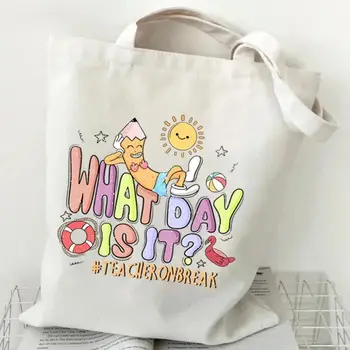 今天星期幾?教師休息日圖案手提包 女士度假風帆布托特包 時尚女士沙灘卡通單肩包 6 最佳銷售 教師手提袋 - №5