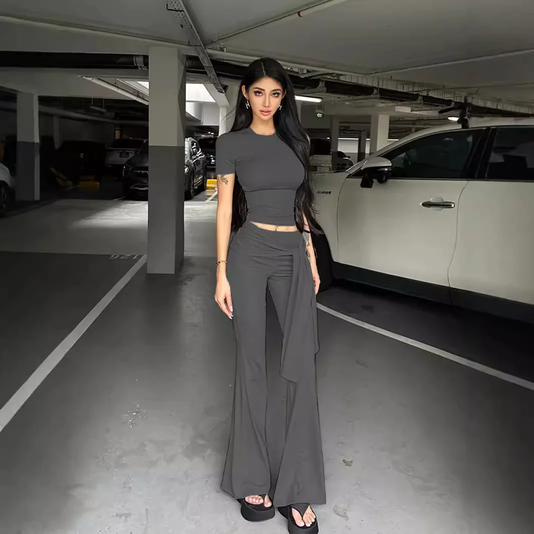 

Women Sports Set 2025 New 2 Piece Outfit Slim Fit Crew Neck T Shirt & Low Rise Ruched Wrap Flare Pants Set For Women