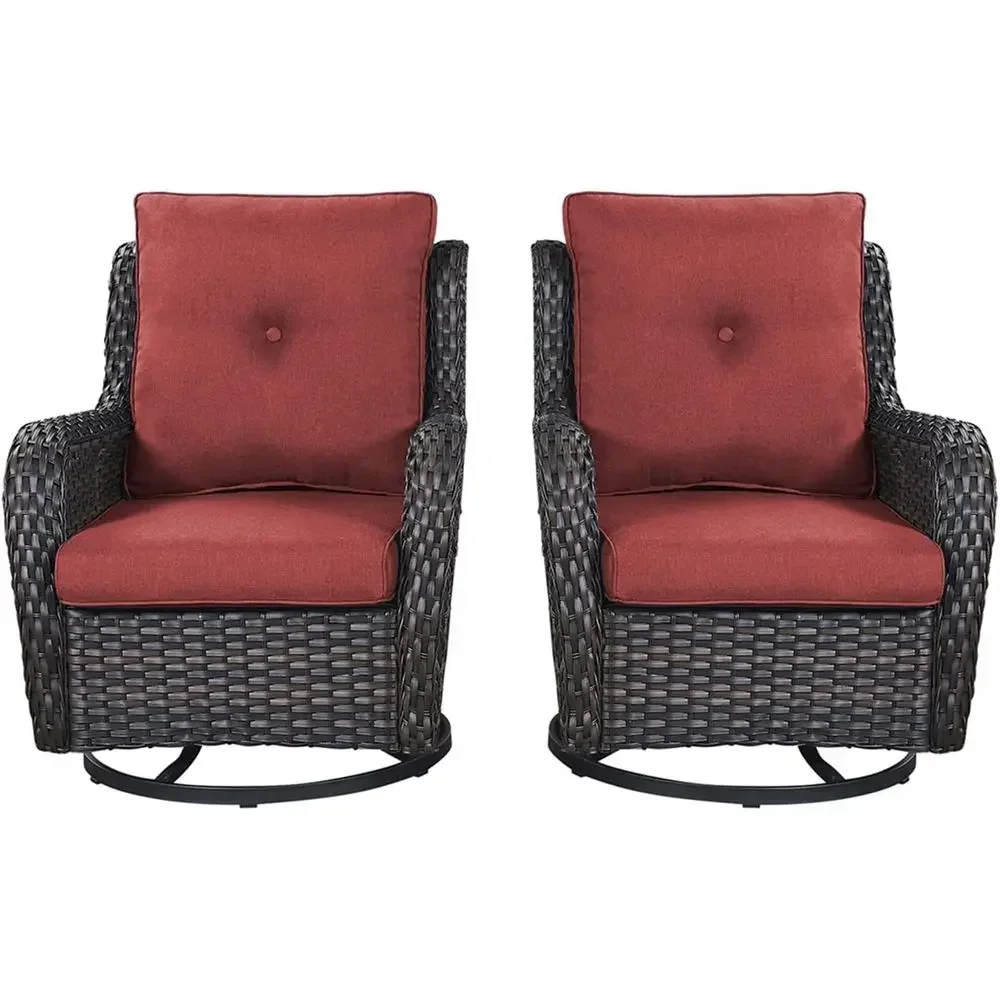 2-Piece Swivel Rattan Rocking Chair Set for Outdoor Patio, Deck, Garden, Backyard (Brown/Red)