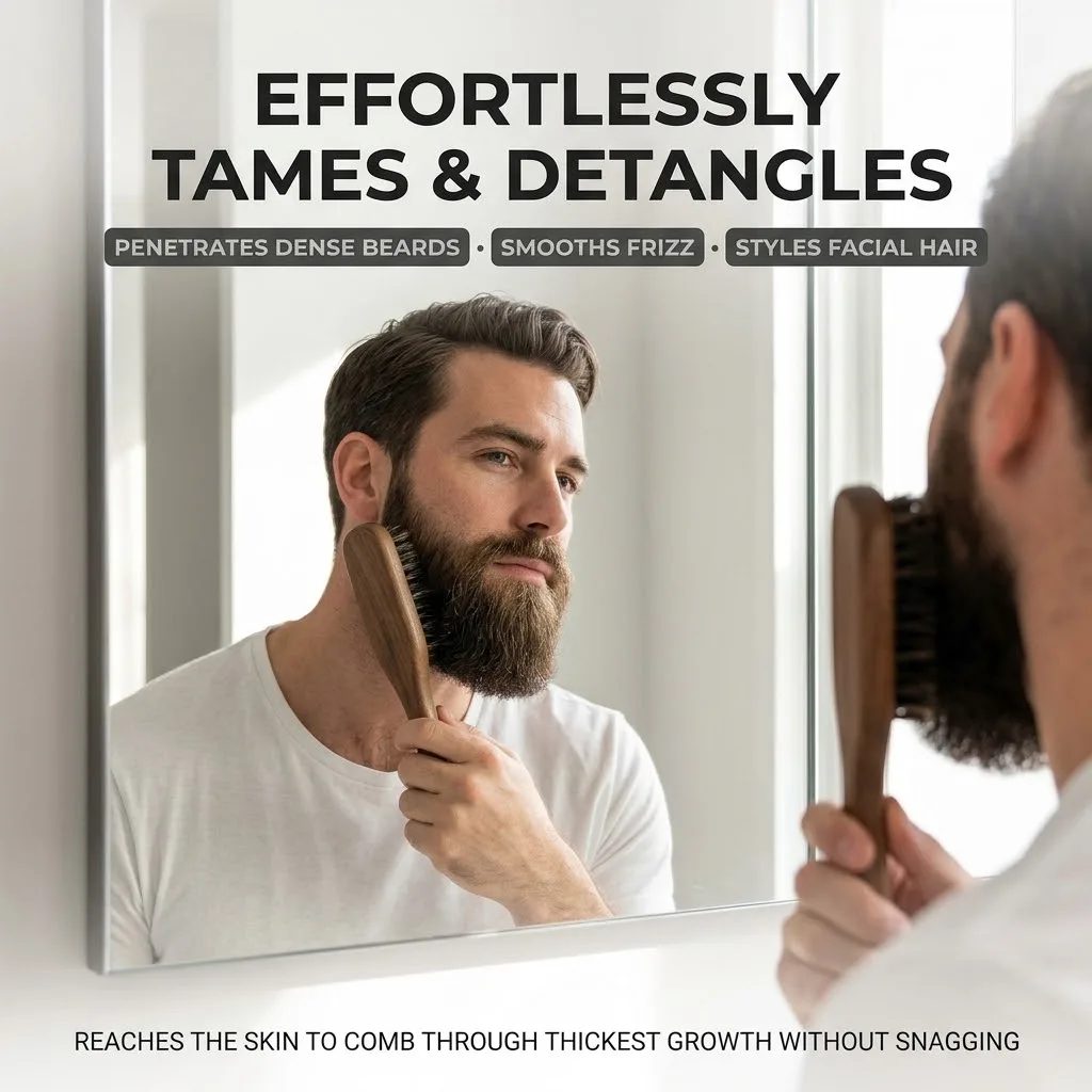 Wooden Beard Brush Natural Pig Bristles Boar Hair Beard Grooming Brush Ergonomic Handle for Men Facial Hair Styling & Care