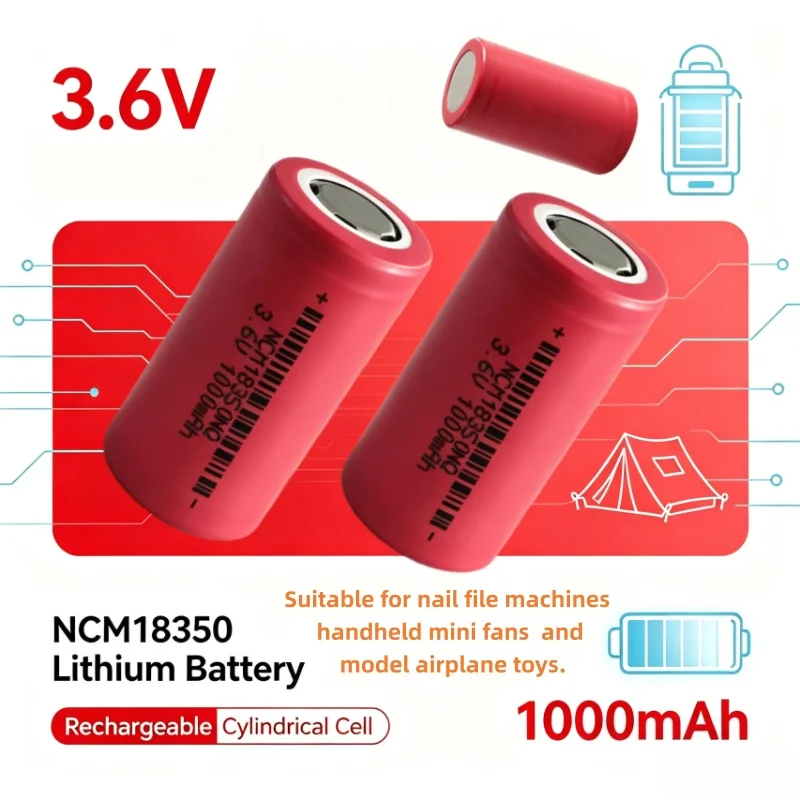 18350 NCM Lithium Battery 3.6V 1000mAh Rechargeable Cell, Suitable for Torches, RC Vehicles, Mini Power Tools & Small Gadgets