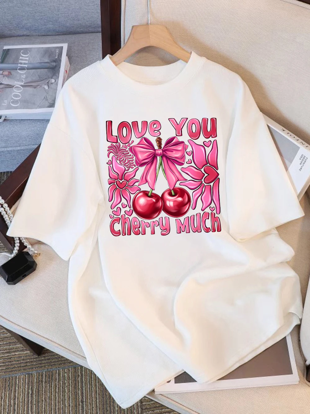 

Летние футболки из хлопка, женские футболки с короткими рукавами и принтом Love You Cherry Much, мягкие свободные топы с круглым вырезом, праздничная повседневная женская одежда
