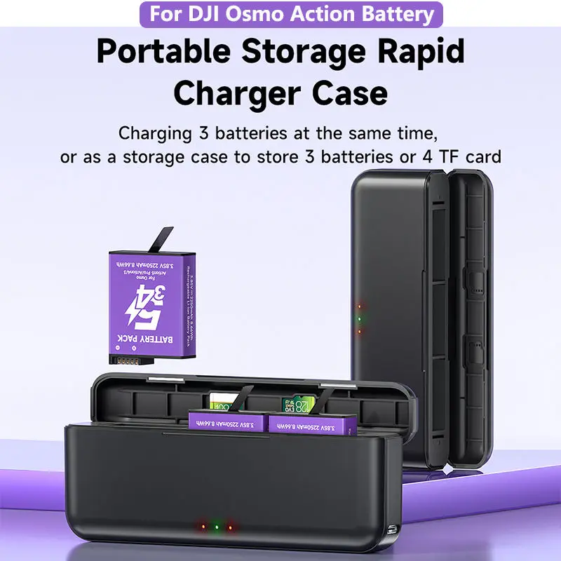 For DJI Osmo Action 6 Action 5 Pro Battery Charger 3-Slot Charging Case Charger for DJI Osmo Action 4 3 Osmo 360 Sports Camera