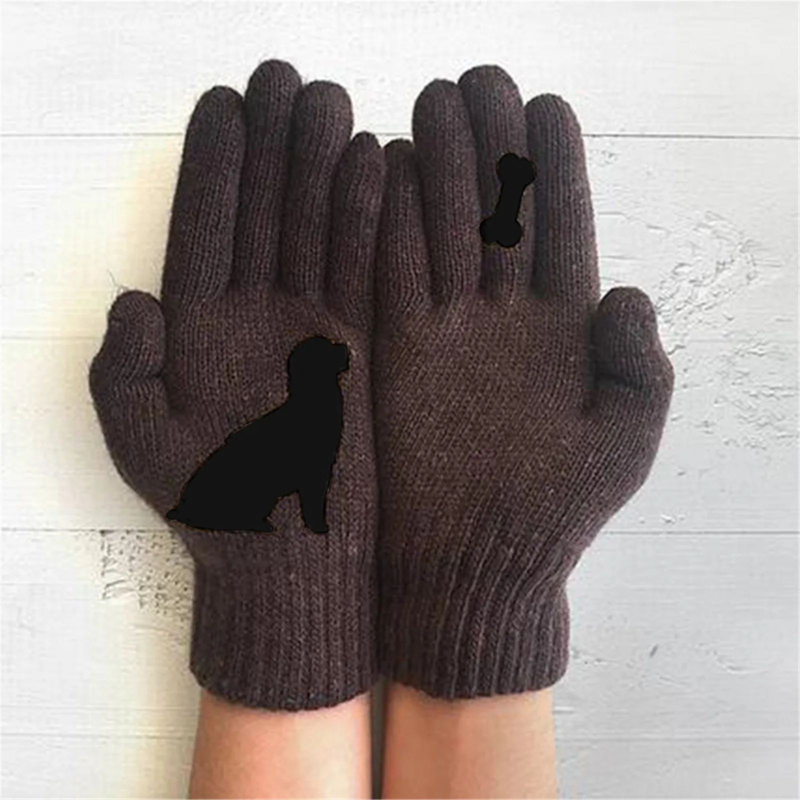 1Pair Winter Gloves for Men Women Teens Cute Puppy Bone Printed Thermal Knitted Gloves, Windproof Winter Warm Mittens Glove Soft