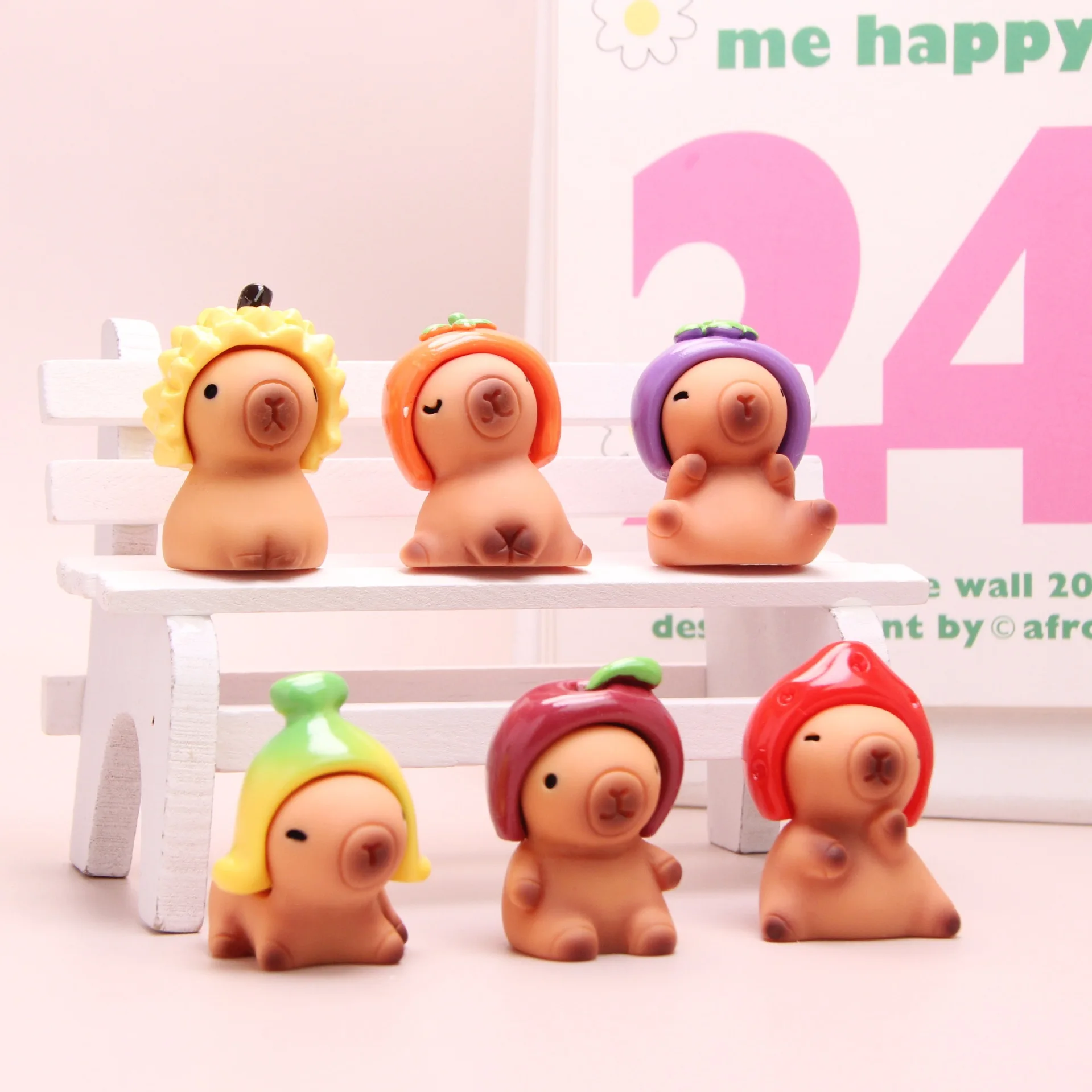 

6 Styles/Set Cartoon Cute Fruit Capybara Dolls Car Resin Ornaments Desktop Home Decoration Dollhouse Props Toy Accessories Gifts