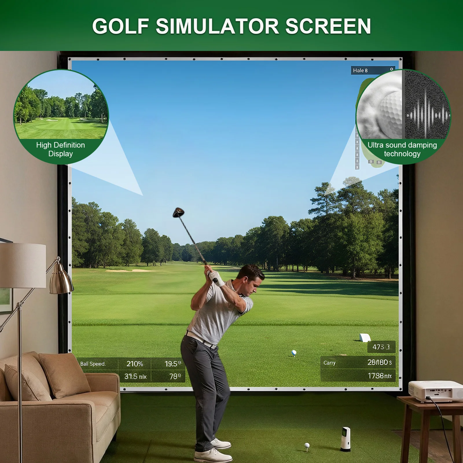 

Golf Simulator Impact Screen with Bungee Cords Ultra Clear Projector Screen for Training Indoor/Outdoor