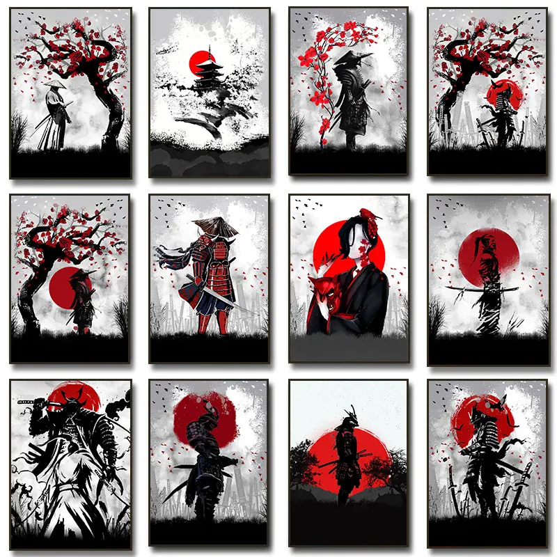 Japanese Art Style Warrior Sabre Canvas Painting Posters Vintage Black Red Living Room Home Decor Aesthetic Art Wall Pictures